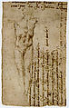 Christ on the Cross and notes (recto); Notes (verso), Michelangelo Buonarroti (Italian, Caprese 1475–1564 Rome), Black chalk, writings in pen and brown ink